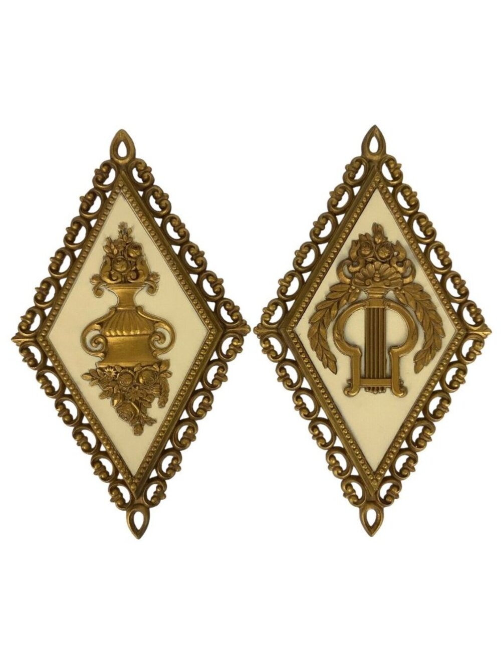 Vintage 1971 Homco Gold Gilt Diamond-Shaped Wall Plaques Set Of 2